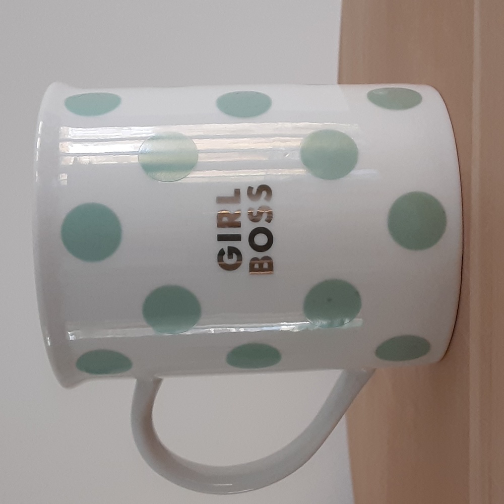 Fringe GIRL BOSS Gold Text Mint Green Polka Dot Coffee Mug 12 oz